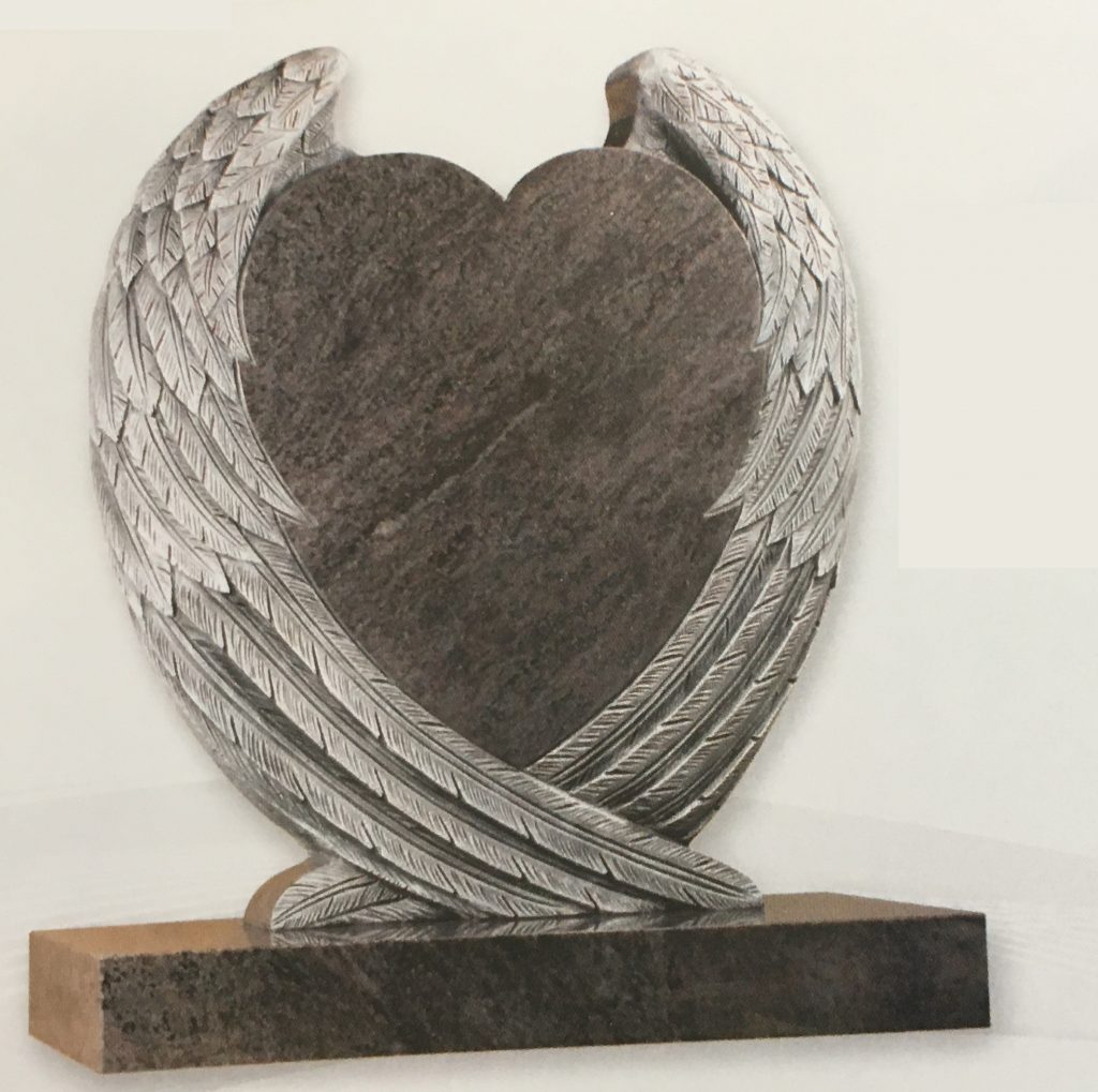 CJ825 - The Charlotte An impressive Heart shaped headstone with hand carved Wings which are wrapped around the heart/Shown in Bahama Blue.